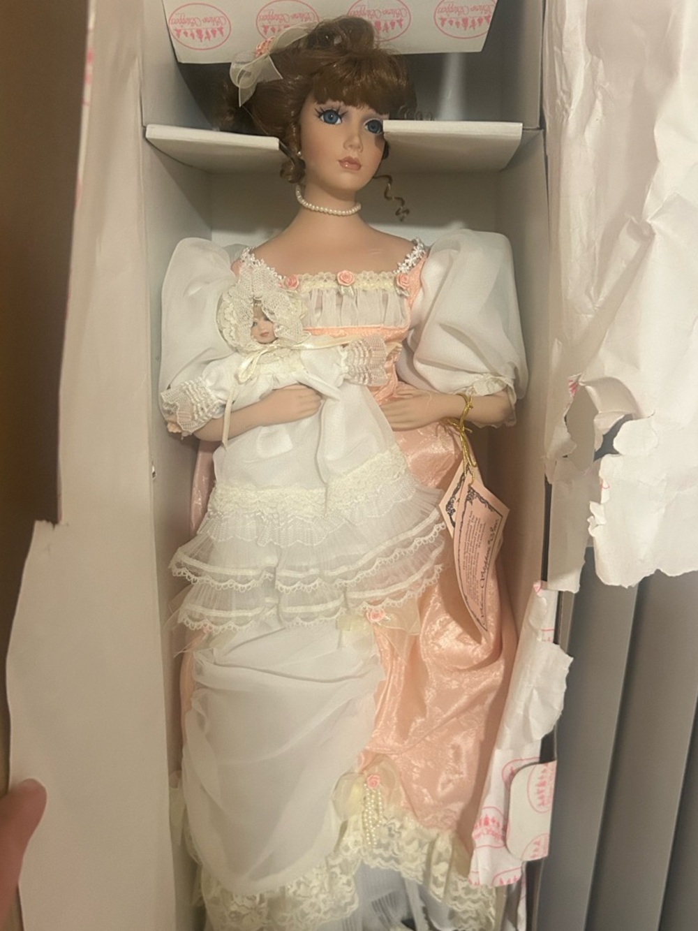 Porcelain Collector Doll in White and Blush Pink Dress